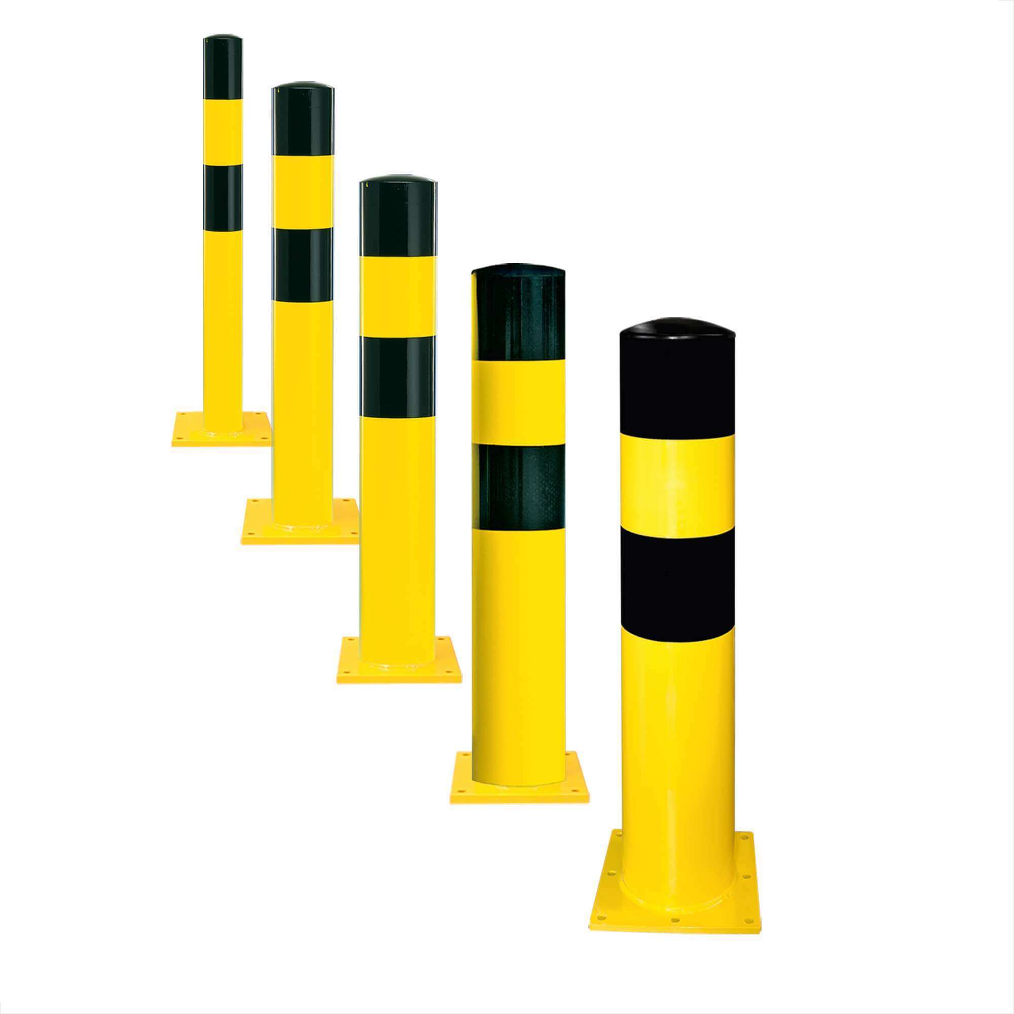 Row of yellow and black striped safety bollards protecting a walkway or equipment area, evenly spaced on white background.