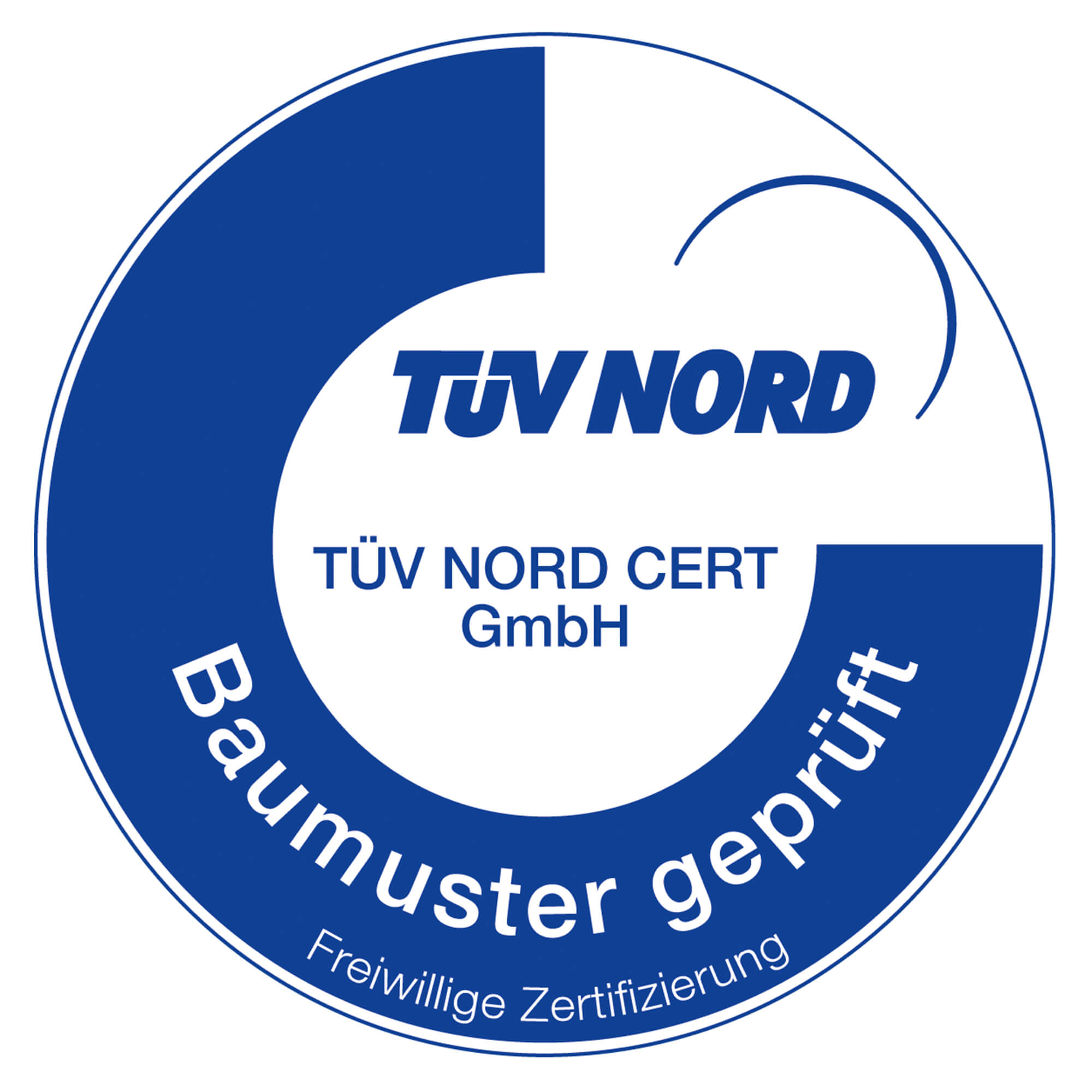 Circular TÜV NORD CERT certification seal with blue outer ring and white center, displaying 'TÜV NORD CERT GmbH' text and German certification wording around edge.