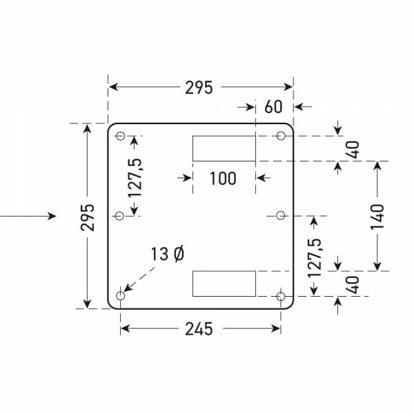 Technische Zeichnung der COMPACT Systemschranke mit Gegengewicht quadratische Platte (295x295 mm) mit vier 13 mm Ecklöchern und zwei rechteckigen Ausschnitten, alle Maße in Millimetern.