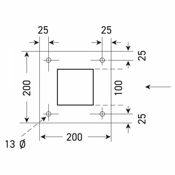 Technische Zeichnung der COMPACT Systemschranke mit Gegengewicht: quadratische Platte (200 mm Seitenlänge) mit zentralem quadratischem Ausschnitt und vier Löchern mit 13 mm Durchmesser, jeweils 25 mm von den Rändern entfernt - konzipiert für Systemschranken mit Gegengewicht.