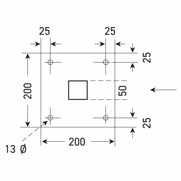 Die technische Zeichnung für COMPACT Systemschranke mit Gegengewicht zeigt ein 200x200 mm großes Quadrat mit einem zentrierten 50x50 mm großen Innenquadrat, vier Ecklöchern und einem Ø13 mm großen Loch unten links; alle Maße sind beschriftet.