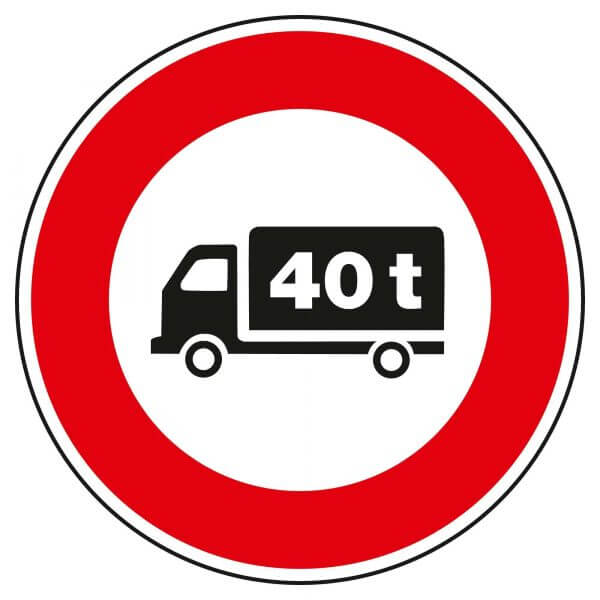 SafeRide Verkehrsschild mit rotem Rand zeigt LKW-Symbol und "40 t", signalisiert LKW-Gewichtsbeschränkung 40 Tonnen.