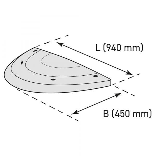 Technische Zeichnung Keil: Viertelkreis, Maße markiert-Bogenlänge 940 mm, Basisbreite 450 mm, SafeRide Bauteil.