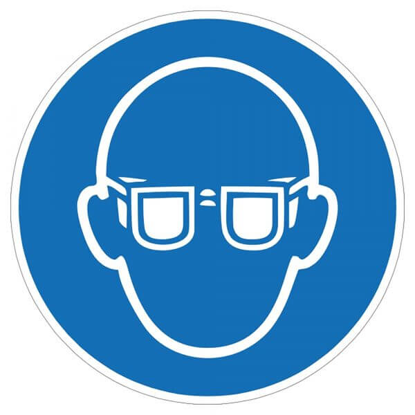 Warnaufsteller: Weißer Kopf mit Schutzbrille auf blauem Kreis, Symbol für Augenschutz Pflicht gemäß Sicherheitskennzeichen in Deutschland.