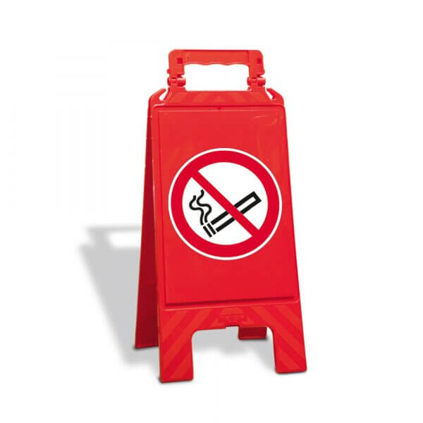 Rotes Kunststoff Warnschild mit Rauchverbotssymbol: durchgestrichene Zigarette im roten Kreis, MORION Aufsteller.