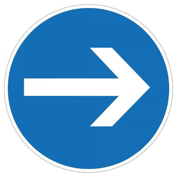 Blauer runder MORION Warnaufsteller mit weißem Pfeil nach rechts, signalisiert Fahrtrichtung rechts, Verkehrsschild.