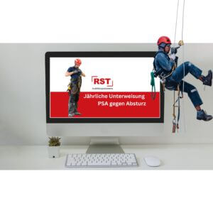 Desktop monitor displays a red-and-white advertisement for RST Ausbildungakademie with two workers in safety gear, set on a white desk with a keyboard, mouse, and a small succulent plant nearby.
