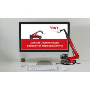 Desk workspace with a monitor showing red construction machinery and the RST logo, plus keyboard, mouse, and a small plant on the desk.