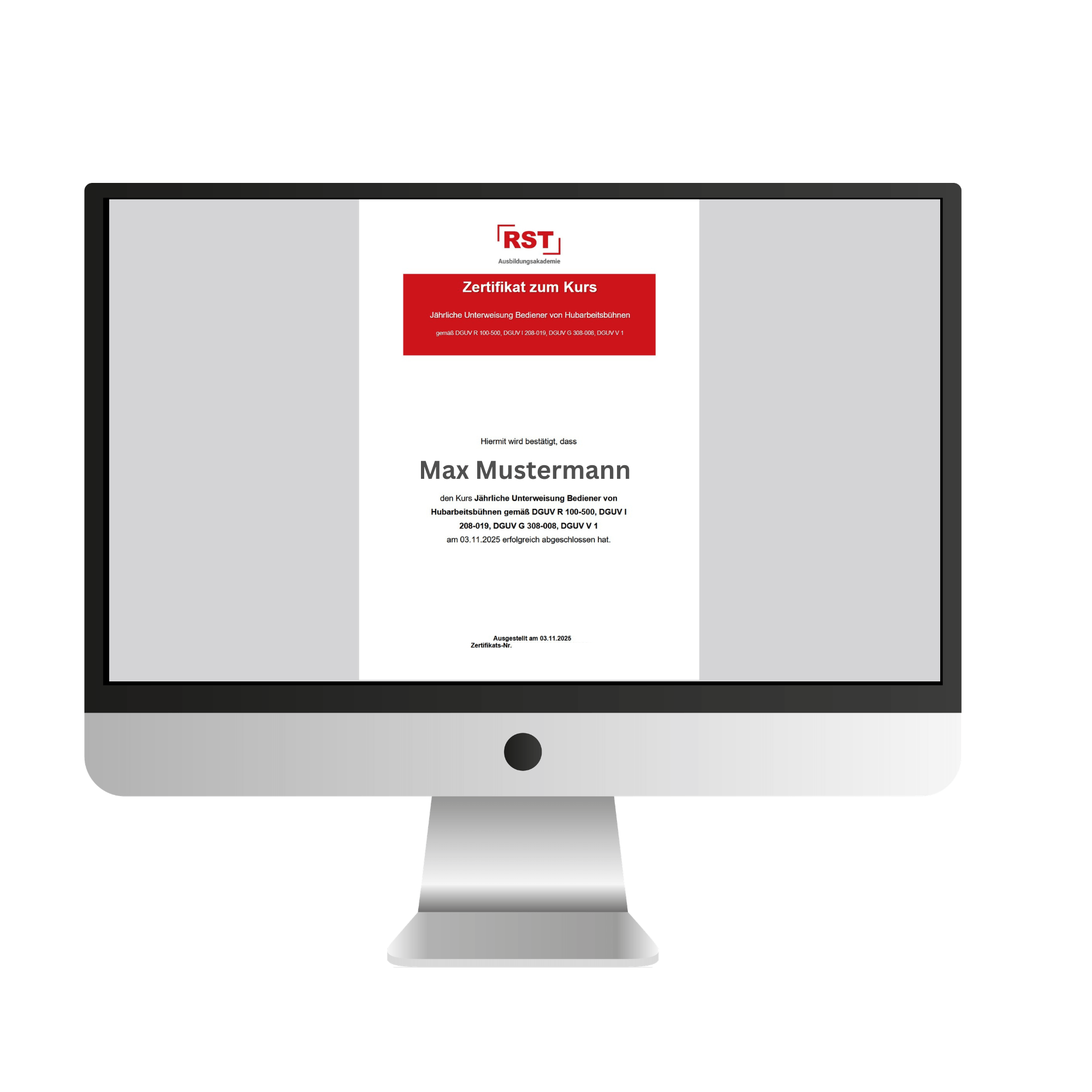 Monitor displaying a certificate document titled 'Zertifikat zum Kurs' in German on screen.